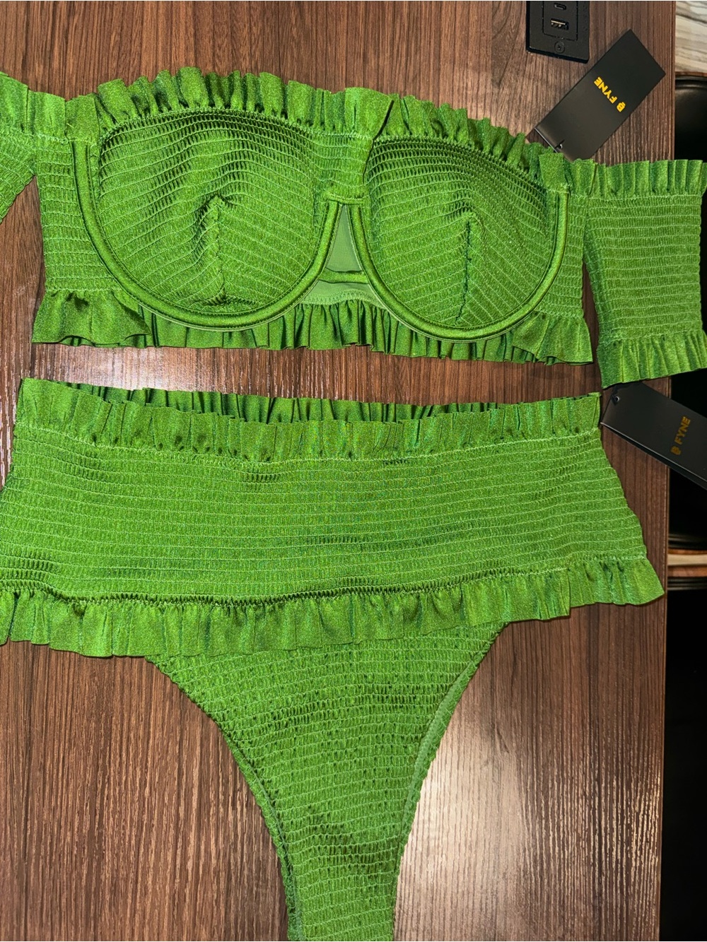 Women’s Green Ruffled Bandeau Bra & High-Waist Brief Set